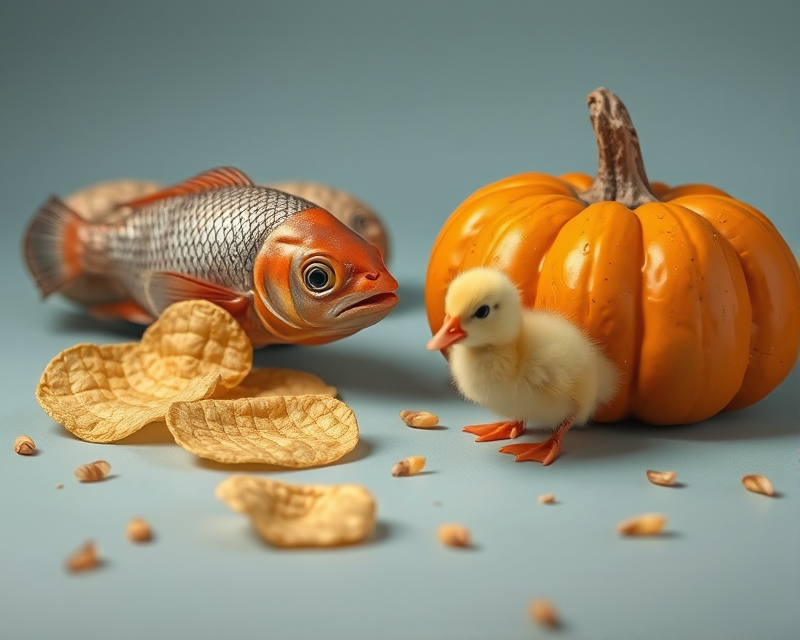 peanut, fish, potato chip, pumpkin, duckling